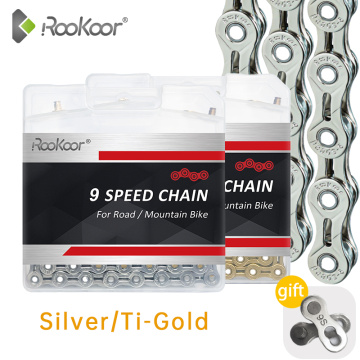 Rookoor Bicycle Chain 9 Speed Velocidade Titanium Plated 9S For Road Bike Parts Mountain MTB Cycling Hollow SL Gold Silver 116L