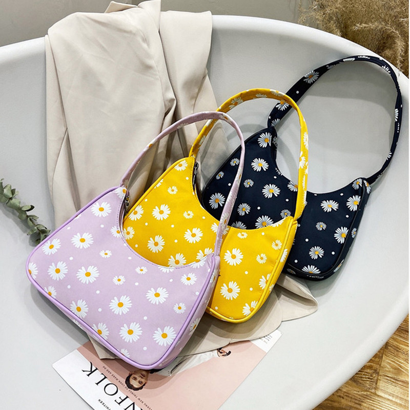 Classic Texture Fashion Flower Daisy Women Handbag Portable Creative Design Chic Nylon Underarm Shoulder Tote Baguette Bags