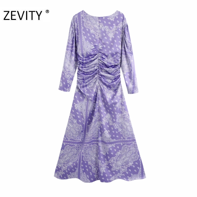 ZEVITY New Women Vintage cashew nuts print casual slim split midi dress Ladies wasit pleated Vestidos Chic zipper Dresses DS4305