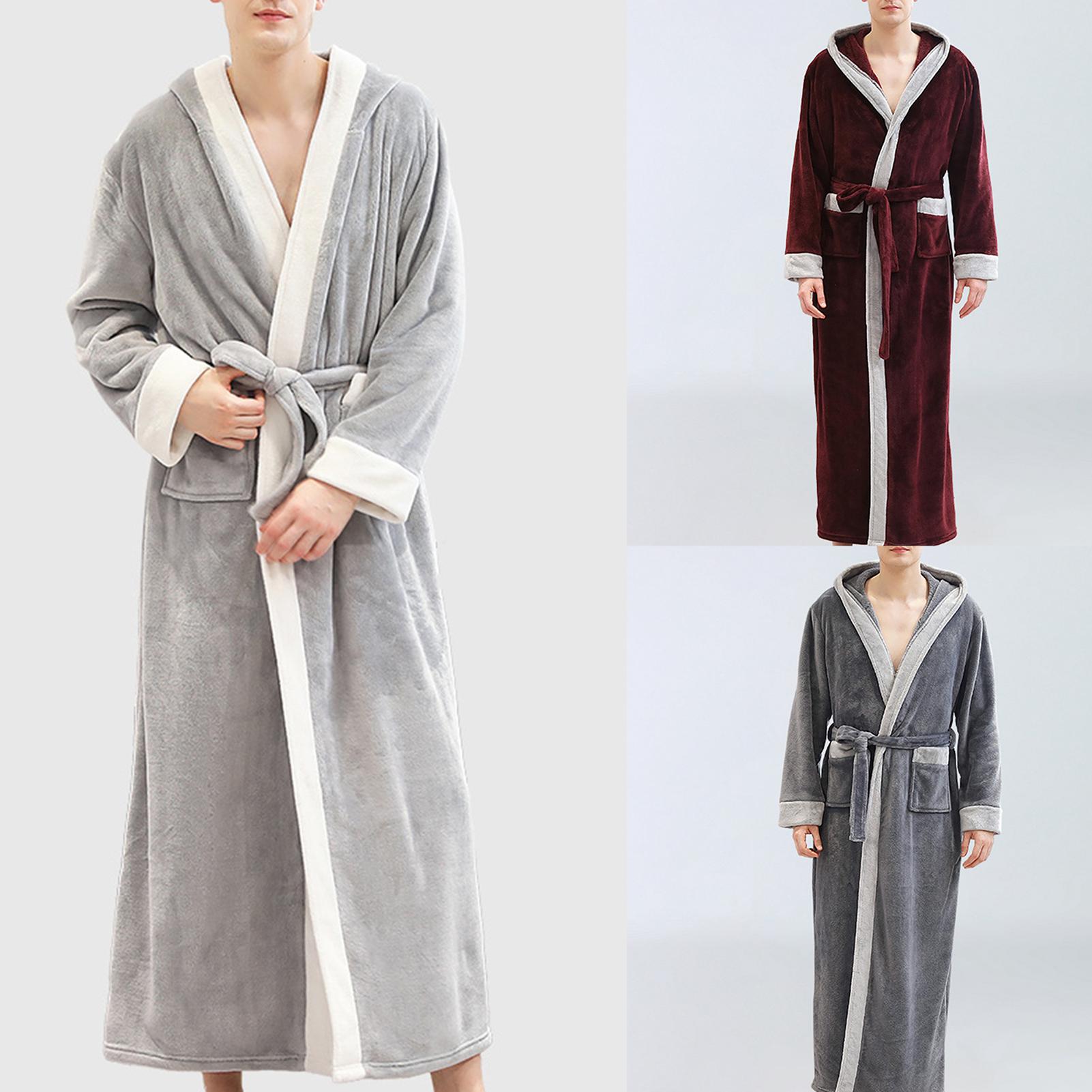 Men's Winter Maxi Flannel Bathrobe Hooded Sleepwear Home Clothes Long Sleeve Robe Coat Bath Robe Peignoir Homme Flannel Robe