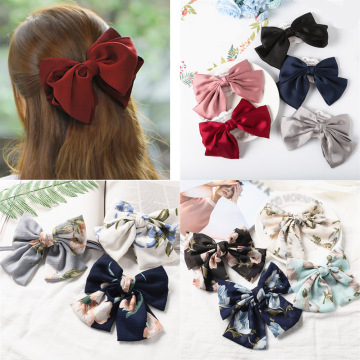 Satin Chiffon Oversized Double Bow Hair Clips Large Barrettes Hairpins Floral Printed For Women Girls Hair Accessories Hairgrips