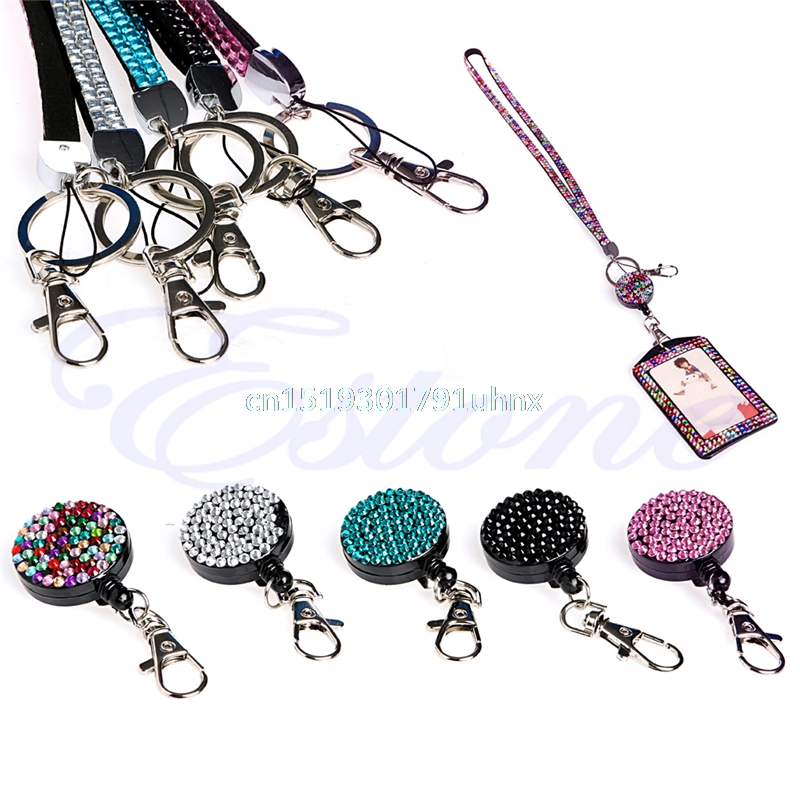 Neck Lanyard Retractable ID Badge Reel Crystal Rhinestone Phone Key Holder