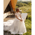 Vintage Boho Wedding Dress Lace Tulle High Neck Cap Sleeves A Line Bohemian Bridal Gowns 2021 Ivory ELegant Bride Dress