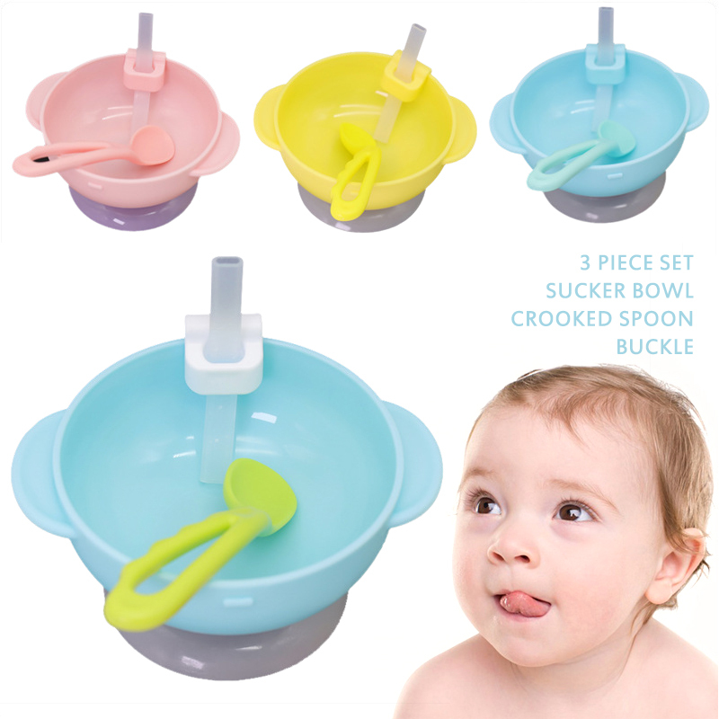 Cartoon Baby Auxiliary Food Bowl Anti Falling Suction Cup Set Suction Cup Buckle Suction Tube Crooked Feeding Dishes with Spoon