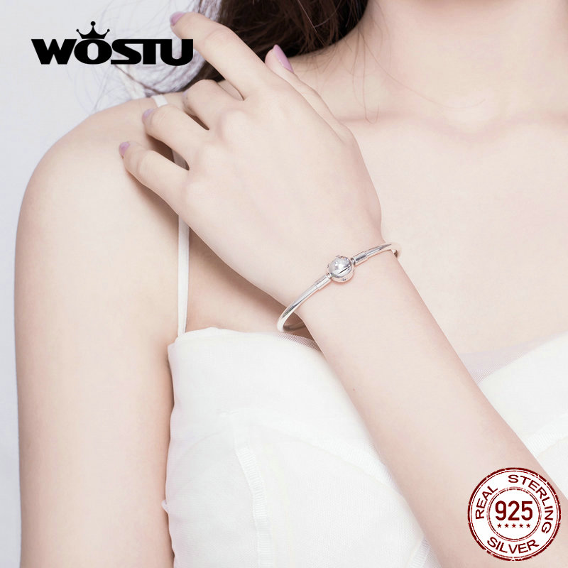 WOSTU Sparkling Stars Bracelets 100% 925 Sterling Silver Zircon Round Charm Bracelets Bangle For Women Silver 925 Jewelry CQB144