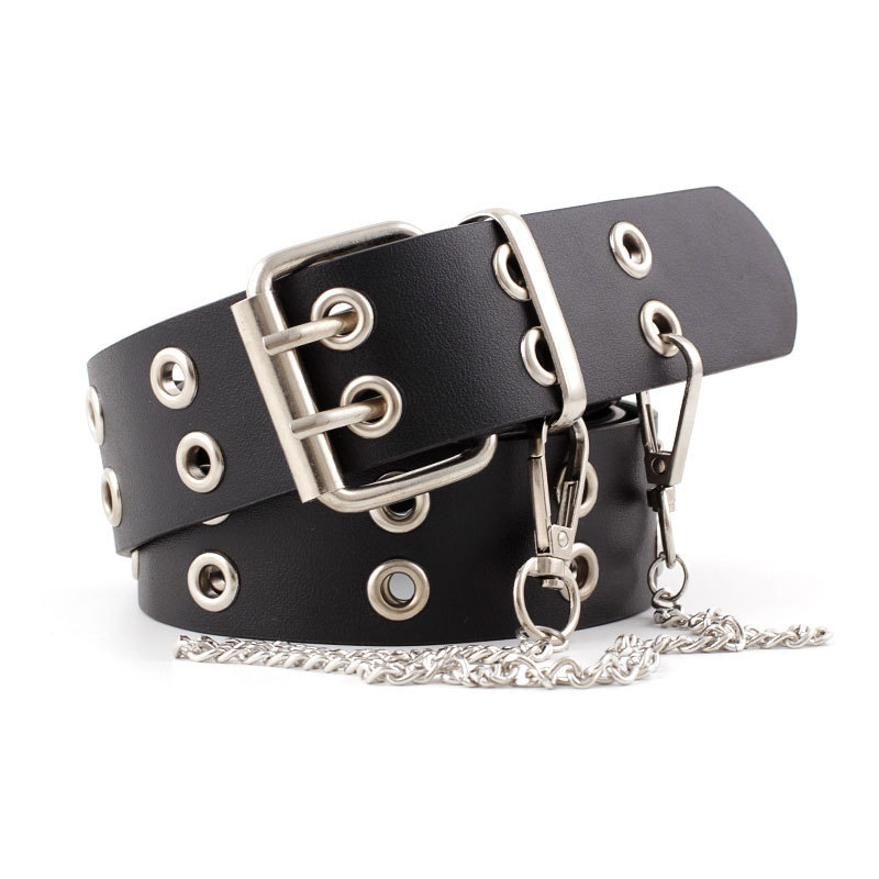 Women Punk Chain Leather Belt Adjustable Double/Single Row Hole Pin Buckle Waist Belts Jeans Cinturones Decorative Belt