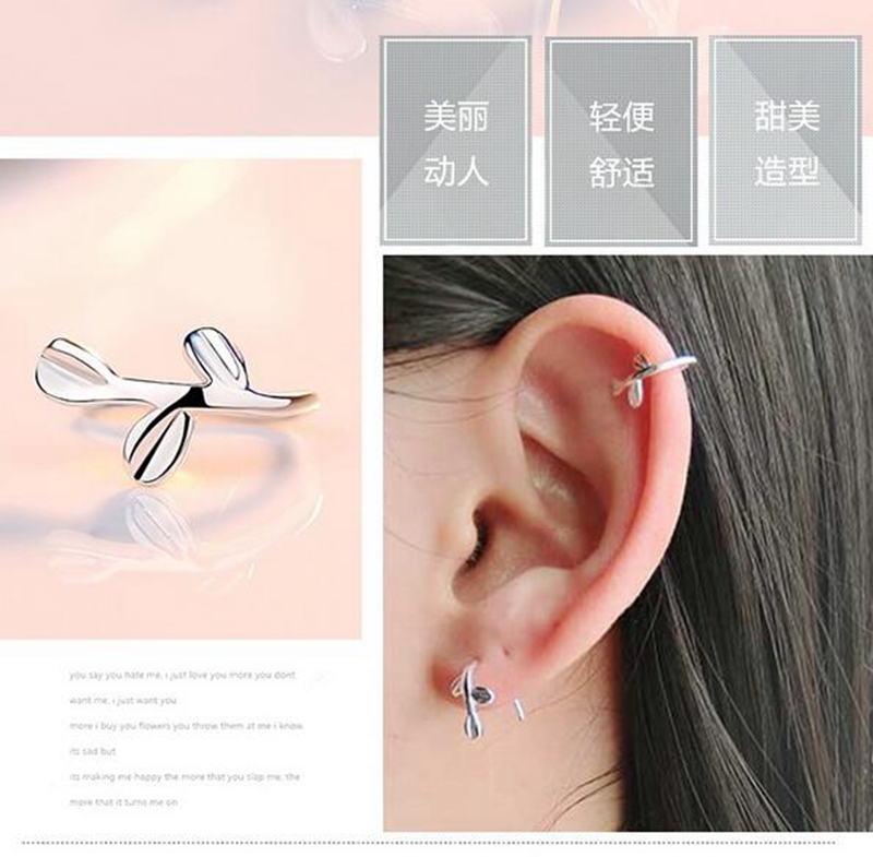 OMHXZJ Wholesale Sweet Cute Fashion Woman Girl Party Small Fresh Handmade Leaves Olive Branch 925 Sterling Silver Ear Clip YS446