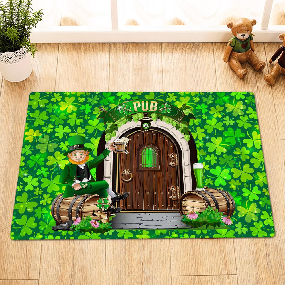 Green Clover Wooden Door Cask Irish St. Patrick's Day Shower Curtain Non-Slip Rugs Waterproof Polyester Fabric Bathroom Curtains