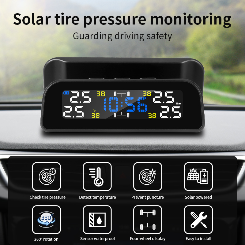 Smart car TPMS tire pressure monitoring system solar digital clock LCD display car tire pressure temperature safety alarm system