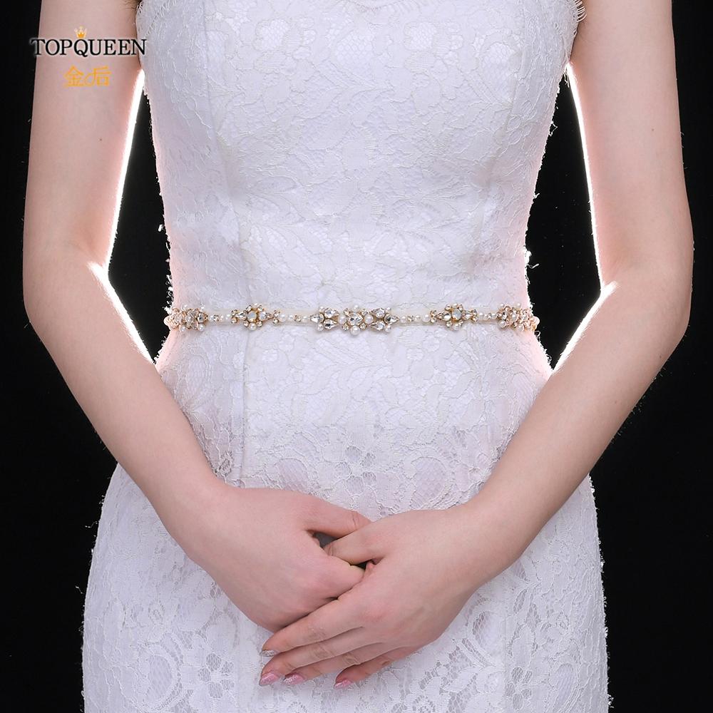 TOPQUEEN S488-G Luxury Opal Rhinestone Belt for Wedding Long Evening Gown Belts Gold Formal Belt Straps for Women Wedding Belt