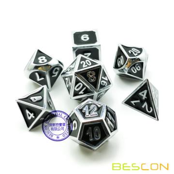Bescon Deluxe Creative Shiny Chrome and Black Enamel Solid Metal Polyhedral Role Playing RPG Game Dice Set of 7
