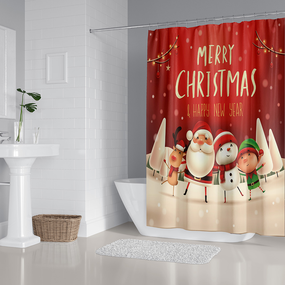 Christmas Bath Curtain Snowman Santa Elk Pattern Bathroom Floor Mat 3D Digital Printing Waterproof Toilet Lid Bathroom Supplies