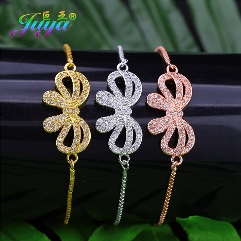 Juya DIY Bracelet Components Supplies Micro Pave Zircon Bowknot Connectors Accessories For Fashion Needlework Jewelry Making