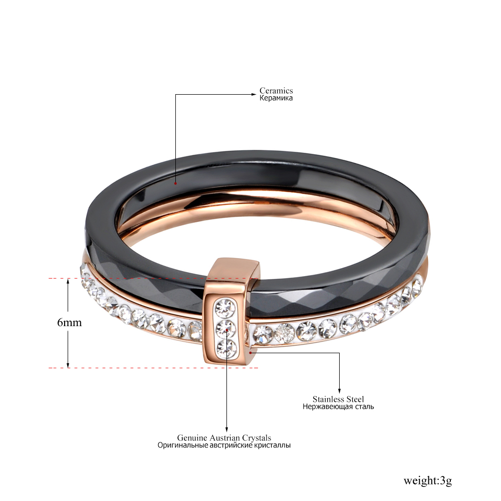 AENINE Fashion Black/White Ceramic Crystal Wedding Rings Jewelry For Women Girls Rose Gold Stainless Steel Bohemia Ring AR18054