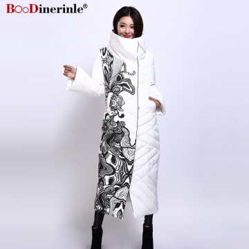BOoDinerile Women's Jacket Female Thick Warm White Duck Down Coat Winter Elegant Office Lady's Print Slim X-Long Outwear YR159-2