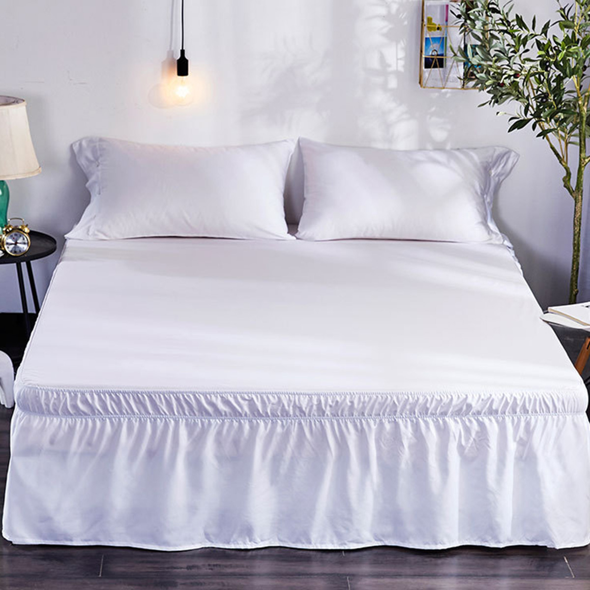 Wrap Around Hotel Queen Size Bed Skirt White Bed Shirt without Surface Elastic Band Single Queen King Easy On/Easy Off Bed Skirt