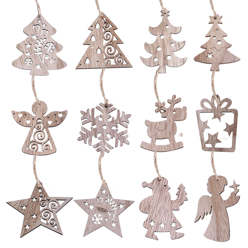 New Christmas 3/4/6pcs Vintage Party Wooden Pendants Ornaments Snowflake Star Angel Christmas Tree Decorations for Home Supplies