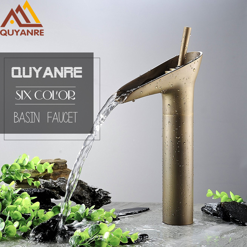 Quyanre Black Antique Open Spout Waterfall Basin Sink Tap Torneira Banheiro Single Handle Mixer Tap Bathroom Vessel Sink Faucet