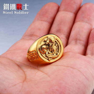 Steel soldier 24K gold dragon and tiger fight ring copper punk no fade man domineering jewelry as gift