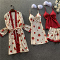 Women Satin Print Sleepwear 4 Pieces Pyjamas Sexy Lace Pajamas Sleep Lounge Pijama Silk Night Home Clothing Pajama Suit