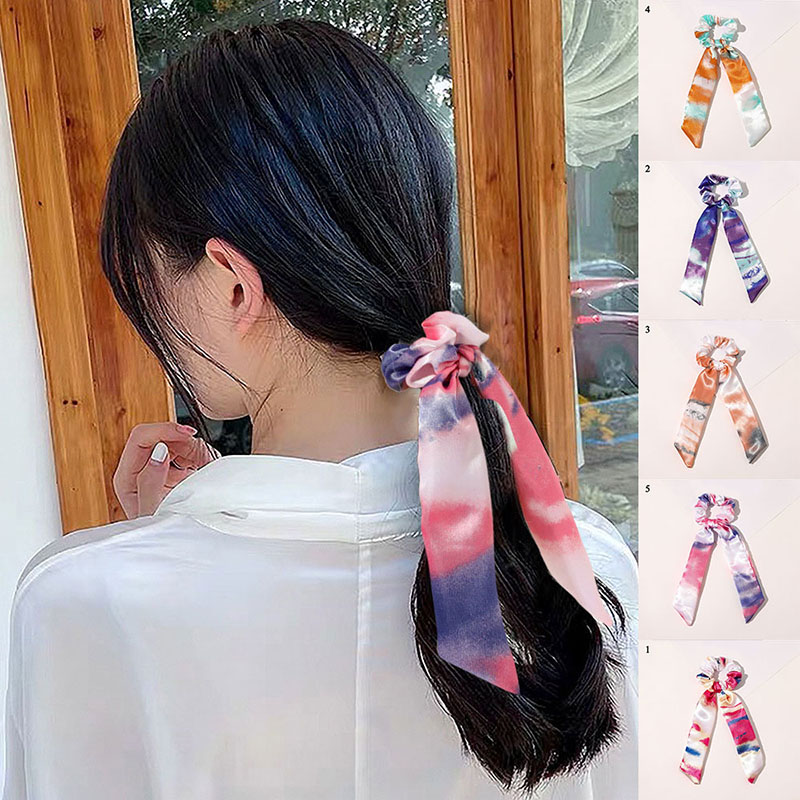 1PC Tie-dye Gradient Rainbow Knotted Hair Rope Ties Floral Camo Print Long Satin Ribbon Bands Women Hair Accessories Scrunchie