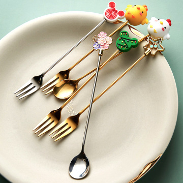 Tableware Cute Children Fruit Fork Spoon Set Household Kawaii Cartoon Dessert Fork Stainless Steel Coffee Spoon