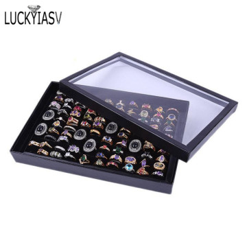 100 Slot Black Velvet Sponge Ring Display Box Cardboard Jewelry Storage Case Holder Showcase Ring Cufflink Jewelry Tray With Lid