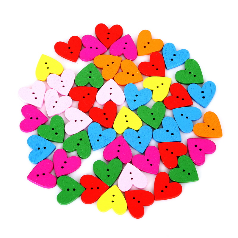 Multicolor 100pcs 19x19mm 2 Holes Mixed Love Heart Wooden Decorative Buttons Fit Sewing Scrapbooking DIY Crafts