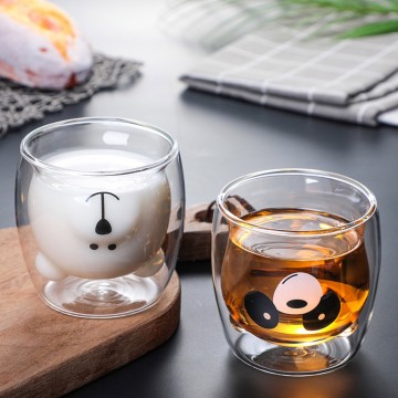 Lovely Glass Mugs Bear Cat Dog Animal Double-layer Tea Milk Coffee Cup With Round Mouth Prevent Scald Cartoon Christmas Gift