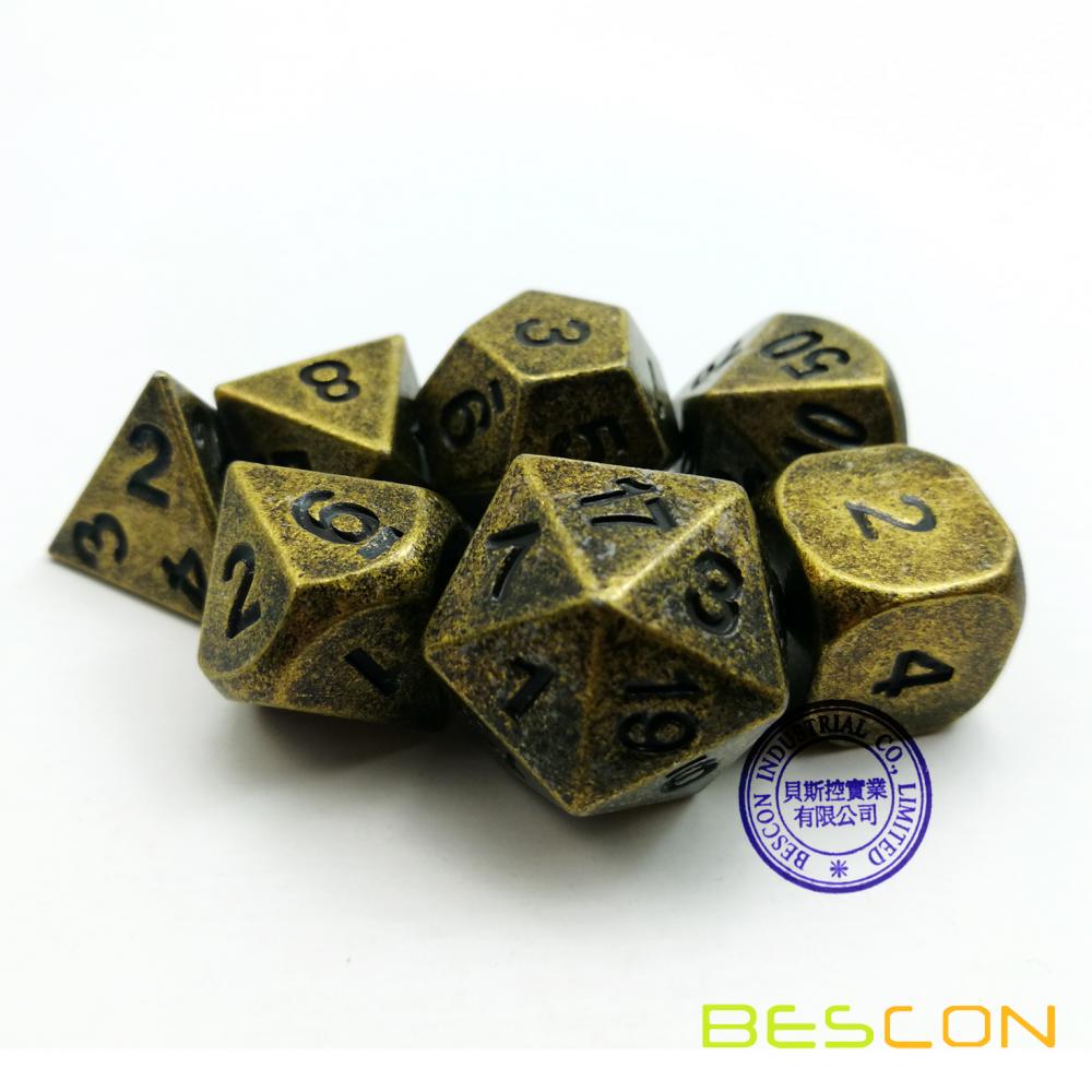 Bescon Ancient Brass Solid Metal Polyhedral D&D Dice Set of 7 Antique Copper Metal RPG Role Playing Game Dice 7pcs Set