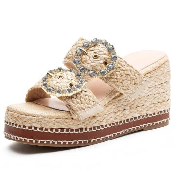 Women Raffia Platform Wedge Slip-On Sandals