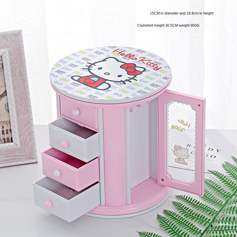 Creative Round Large-capacity Music Box with Three Drawers Vanity Mirror Jewelry Box Cartoon Music Box Music Box Children's Gift