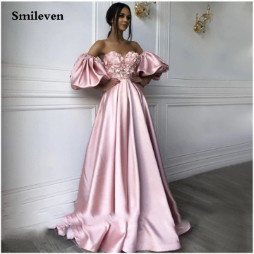 Smileven Pink Sweetheart Neck caftan Evening Dresses Flowers Full Sleeve Arabic Special Occasion Dresses Evening Party Gowns