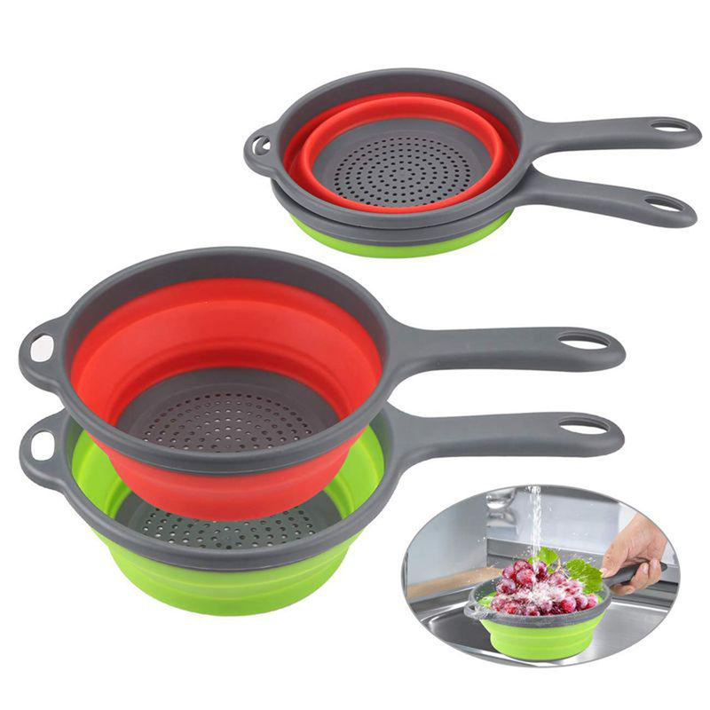 1PC Folding Silicone Colander Drain Basket With Handle Vegetable Fruit Washing Strainer Drainer Kitchen Accessories Sifter Tools