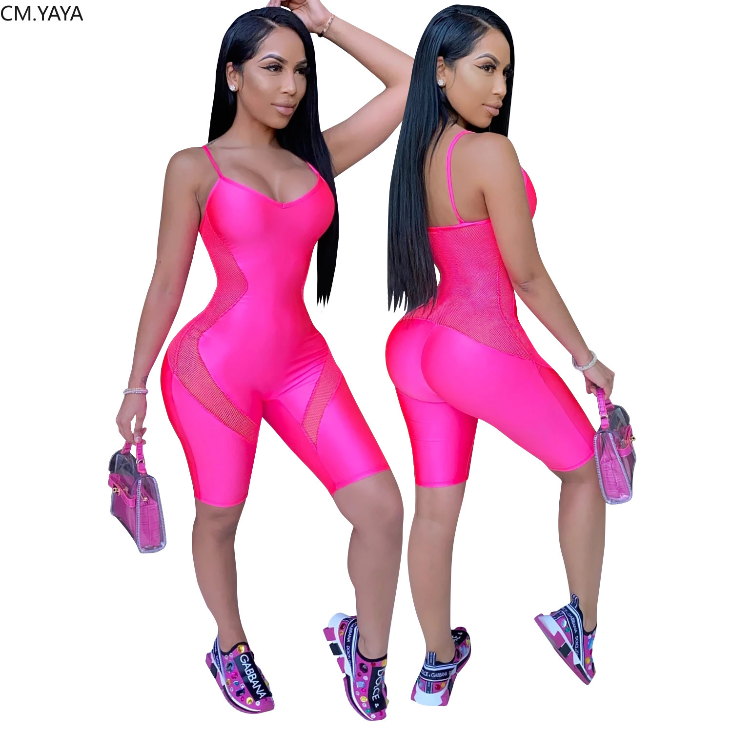 CM.YAYA Women Sexy Mesh Splicing Patchwork Open Back Skinny Knee Length Jumpsuit Casual Playsuit One Piece Romper Bodysuit