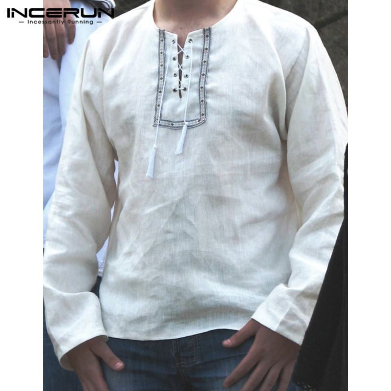Nepal Beach Retro Men's Shirts Cotton Long Sleeve Lace Up Print Neck Spring Autumn Casual Loose Men Tops Camisa Masculina