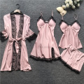 Plus Size 2XL 2020 Women Pajamas Sets Satin Sleepwear Silk 4 Pieces Nightwear Pyjama Spaghetti Strap Lace Sleep Lounge Pijama