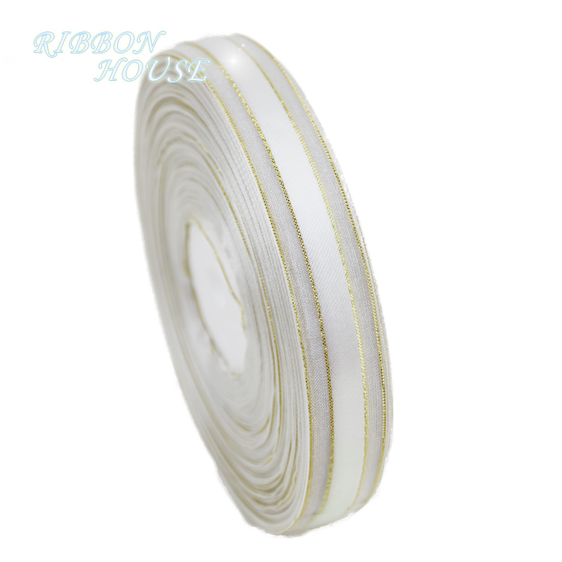 5/8'' (15mm) White Gold Edge Satin ribbon high quality gift packaging ribbon wedding lace