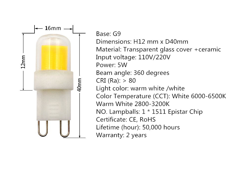 DIMMABLE G9 LED Light Bulb 5W AC 110V 220V COB 1511 LED Lamp for Chandelier Sewing Machine