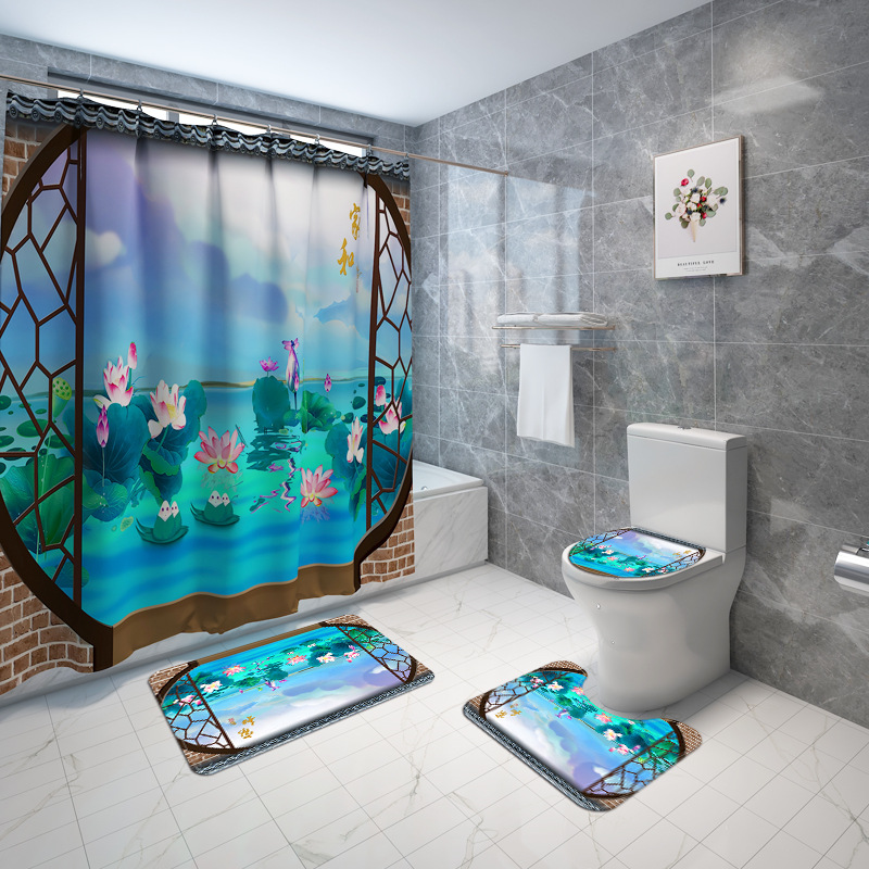 Traditional Style Home Decoration Bath Mat and Shower Curtain Set Flower-Bird Printed Bathroom Carpet Set Toilet Foot Mat