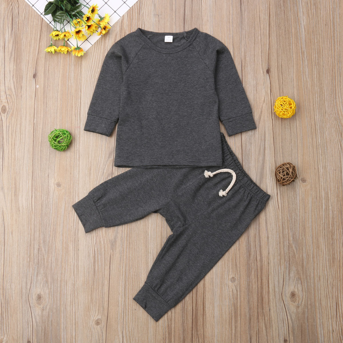 Casual Newborn Baby Boy Girl Solid Color Long Sleeve Cotton T-shirt Tops Long Pant 2PCS Homewear Baby Clothing Set