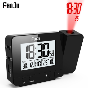 FanJu Projection Alarm Clock Desk Table Clock Digital Temperature Humidity Snooze Function USB Charging with Time Projection