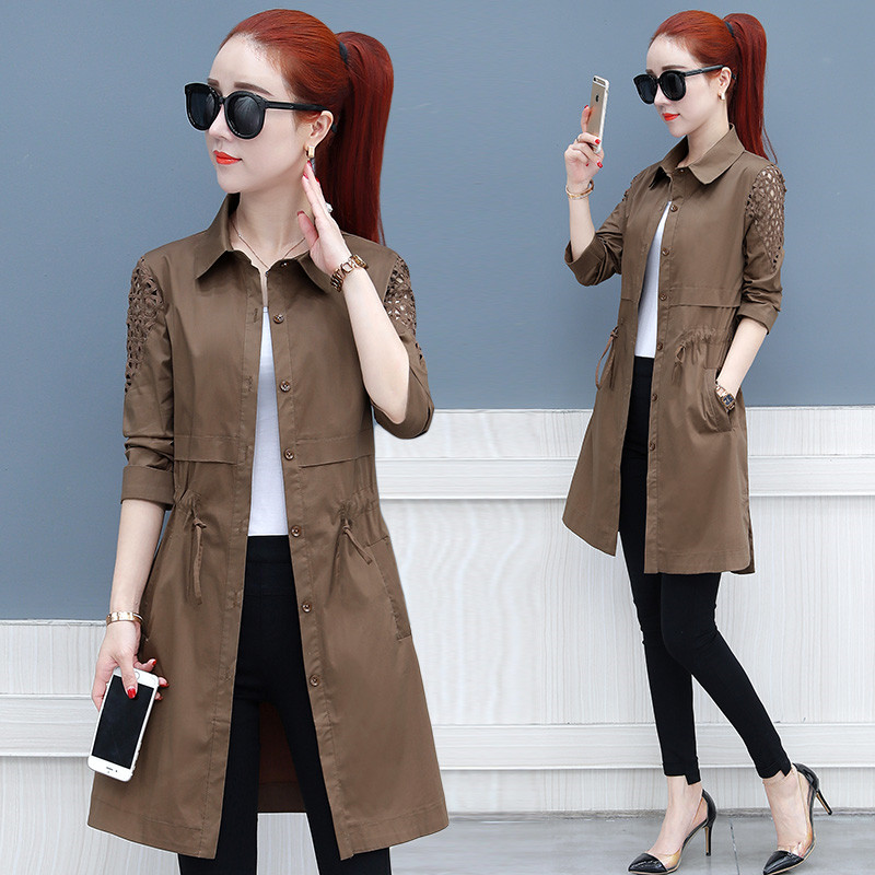 Spring Trench Coat Women Clothes New Loose Single Breasted Thin Coat Medium-Long Windbreaker Slim-fit openwork Female Tops J180
