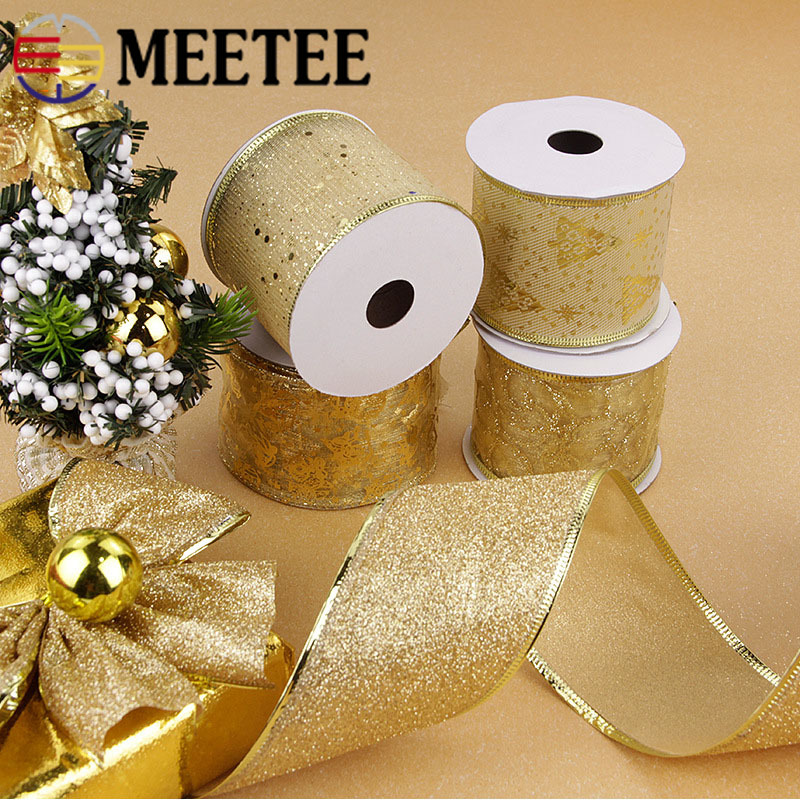 Meetee 5yards 5-6cm Gold Wire Christmas Tree Ribbon Trim Dusting DIY Party Decoration Package Festival Gift Webbing RC163