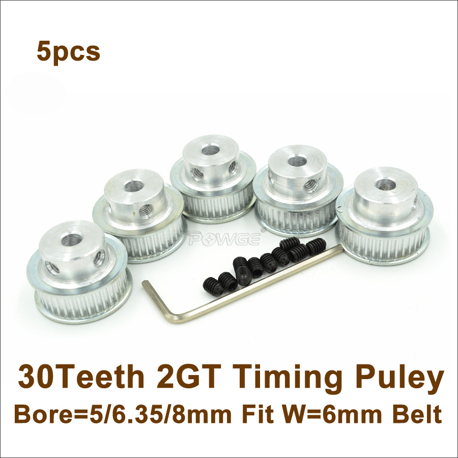 5pcs 30 Teeth 2GT Timing Pulley Bore 5/6.35/8mm Fit 2GT 6 Timing Belt W=6mm 30T 30Teeth GT2 Pulley GT2 Belt For 3D Printer