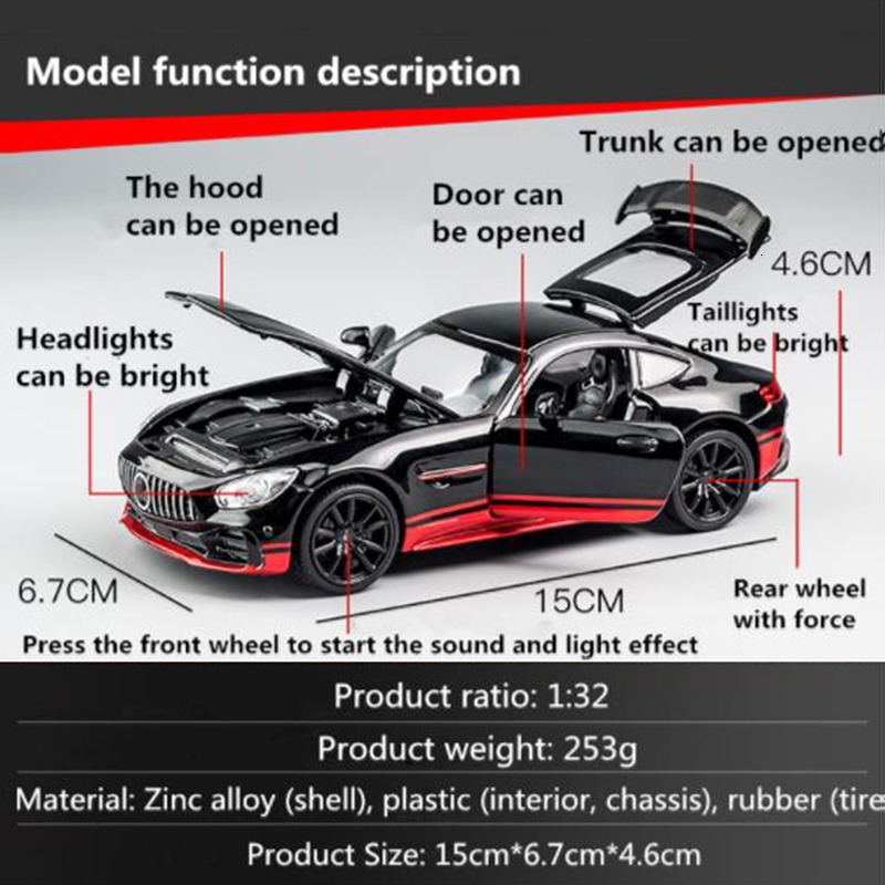 1/32 Diecast Alloy Sport Car Model AMG GTR Pull Back With Sound Light Diecasts Toy Vehicles Models For Children Birthday Gifts