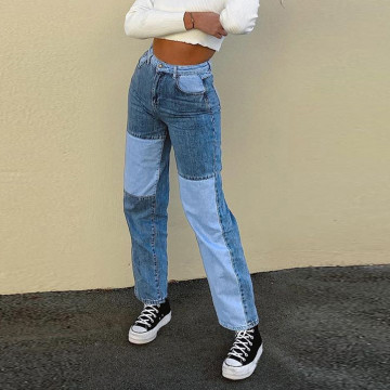 Vintage High Waist Jeans Women Fashion Casual Matching Color Block Straight-Leg Slim Jeans Pants Denim Pants Vaqueros Mujer #F