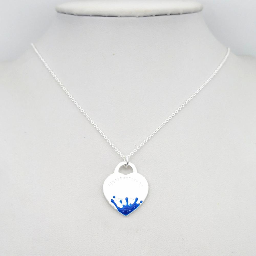 1: 1 sterling silver 925 classic fashion exclusive blue enamel water flower heart charm ladies necklace