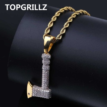 TOPGRILLZ Hip Hop Jewelry Ax Necklace&Pendant Copper Gold Color Plated Iced Out Micro Pave Cubic Zircon Charm For Men Gifts