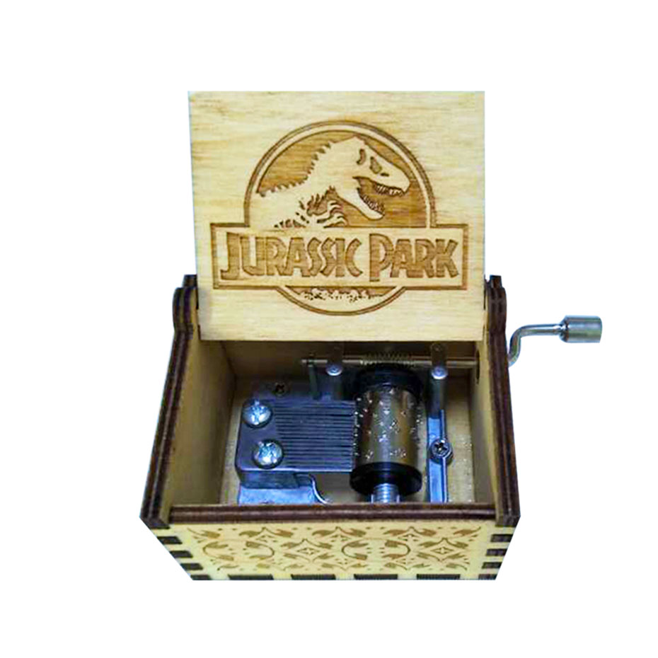 Wooden carving music box Jurassic Park theme Christmas gift Halloween "family and friends" holiday gift music box